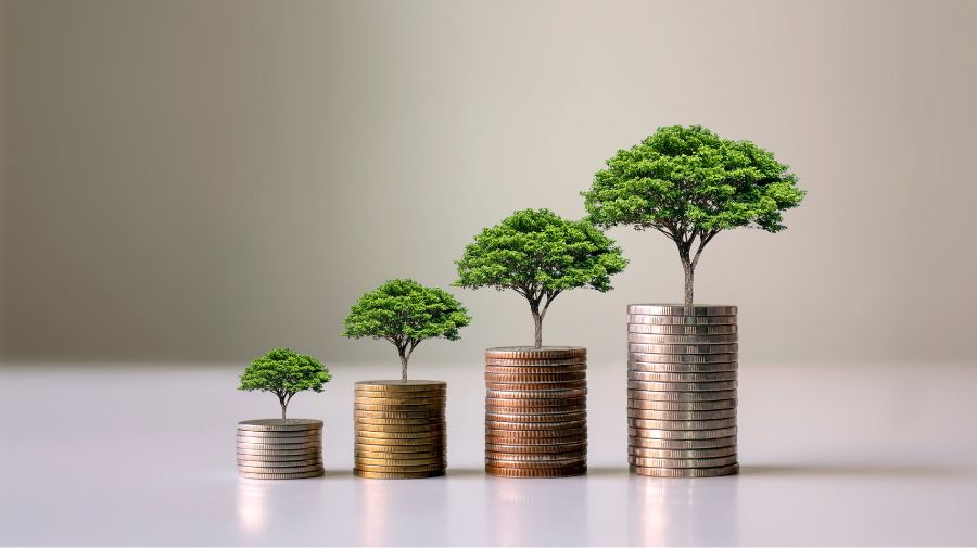 Ascending coin piles with trees growing out of them